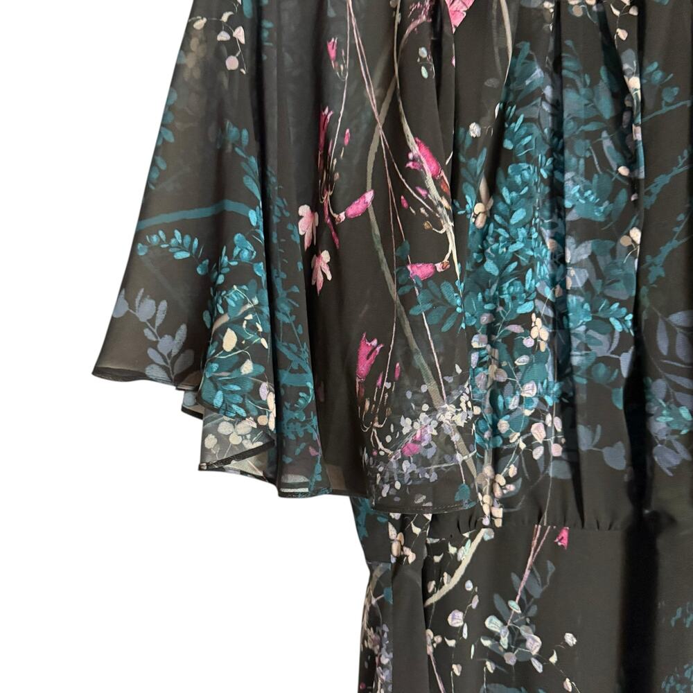 Teri Jon Rickie Freeman Chiffon Capelet Black Floral Cocktail Midi Dress 8 - Picture 11 of 14